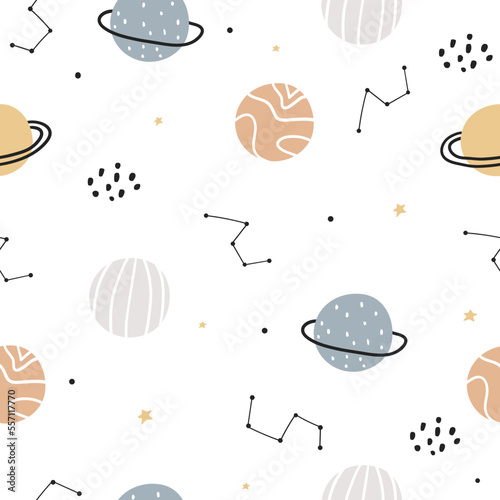 Hand drawn space seamless pattern. Funny colorful planets on a white background. Nursery design of fabric, packaging, labels. Cartoon space. Doodle style.
