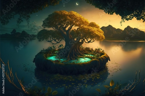 A golden tree in the middle of a island surrounded by a lake. A fantasy environment full of nature, druids and fae.