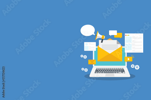 Digital email marketing. Reaching online audience with email marketing campaign, newsletter subscription. Sending marketing messages via email.