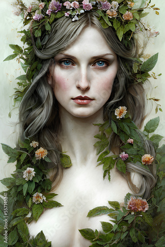portrait of a woman dryad with a wreath of flowers, created with generative ai