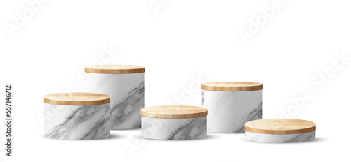 Marble pedestals podium wood top table, Abstract geometric empty stages stone exhibit displays award ceremony product presentation