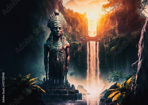 Giant aztec or maya statue guardian next to water in a tropical rainforest environment landscape