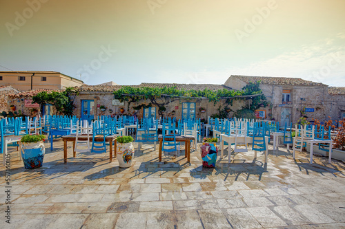 The main square of the historic village Marzamemi, Province of Syracuse, Sicily, Italy