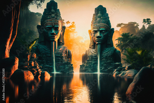Giant aztec or maya guardian statues next to a waterfall and a river in a tropical rainforest environment