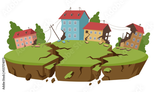 Cartoon earthquake natural disaster. Earth crust break, environment damage catastrophe, earthquake cataclysms flat vector illustration on white background