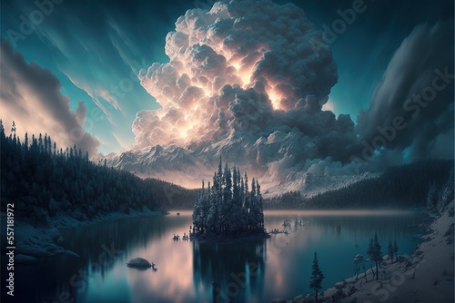White lake trees with soft clouds in a fantasy landscape.