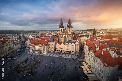 Aerial view of Old Town Square with Tyn Church at sunset - Prague, Czech Republic