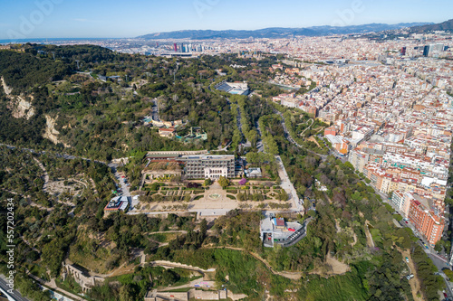 View Point Of Barcelona in Spain. On Montjuic hill, Mirador de l'Alcalde, or Mayor's Viewpoint is a terraced belvedere overlooking the city of Barcelona. Miramar Hotel in Background