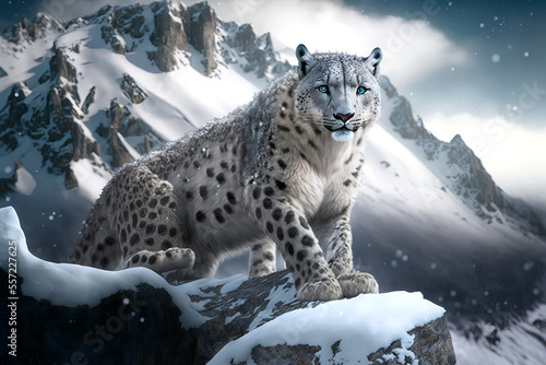 An illustration of a rare snow leopard roaming on Mount Everest at 18,000 ft generative ai