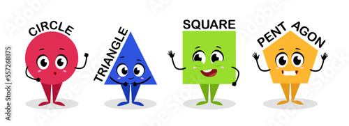Set of cute geometric shapes in cartoon style.Vector illustration of funny colored characters of geometric shapes: circle, triangle, square, pentagon with different emotions and poses.