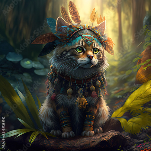 Spiritual Chaman-shaman cat in the forest with sun light Magic kitty with plants, druid cat green eyes Generative AI