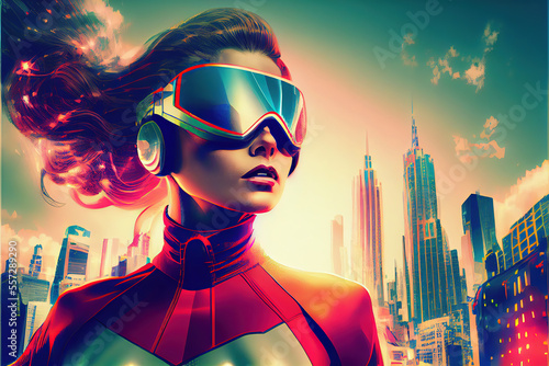 vr headset virtual reality metaverse world, retro super hero, futuristic, woman super hero, strong woman, digital original art, art posters,generative ai