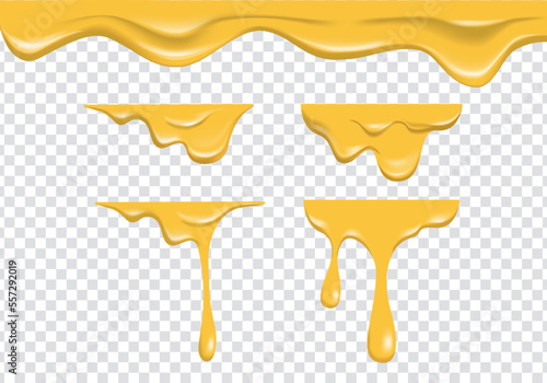 realistic yellow melting cheese liquid flowing on transparent background. spreading liquid cheese cream collection set vector decoration