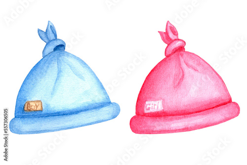 Newborn boy and girl set with pink and blue hat. Hand drawn watercolor illustration isolated on white background. For baby shower or gender party