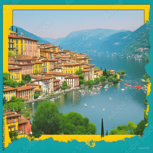 Historical sites Lake Como Italy pop art style 