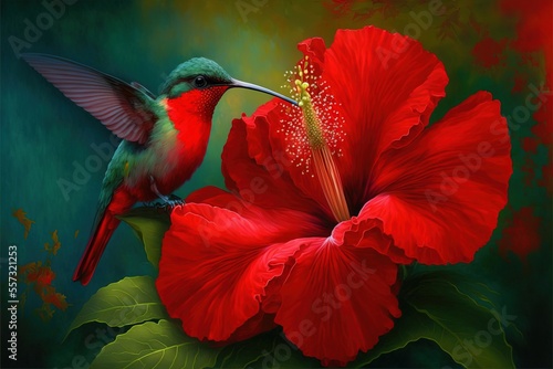  a hummingbird is perched on a red flower with a green background and a green background is in the foreground. Generative AI