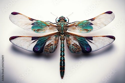  a dragonfly with multicolored wings and a long tail sitting on a white surface with a white background. Generative AI