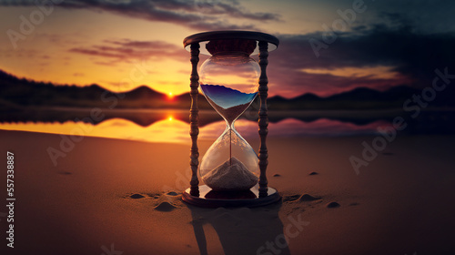 hourglass on the beach at sunset