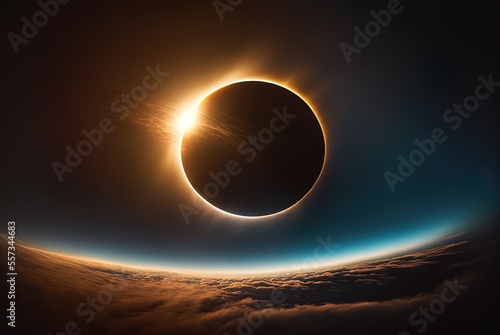 A solar eclipse is seen in the dark sky. Landscape. Art. Illustration. Generative AI.