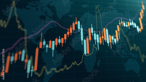 Stock market concept. Candle stick chart world map. Global financial marketing, exchange investment abstract forex concept.