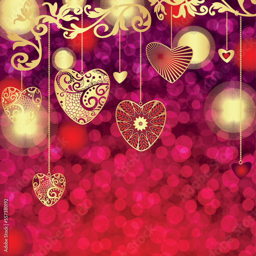 Heart shaped vector frame with golden floral pattern on a purple background, bokeh