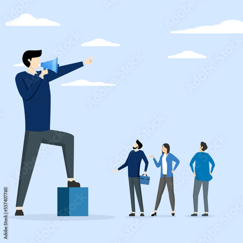 giant businessman manager using megaphone to command employees, dominant leader, bossy manager using authority power to command and control employees to work, contrast and conflict management concept.