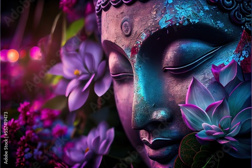 Generative AI illustration of abstract lifelike buddha, flowers, magic lighting, beautiful metallic and stone colors, detailed, natural lighting, natural environment. Digitally generated image