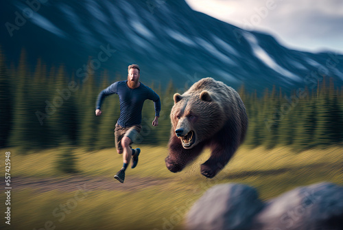 Man running from a grizzly bear. Generative AI