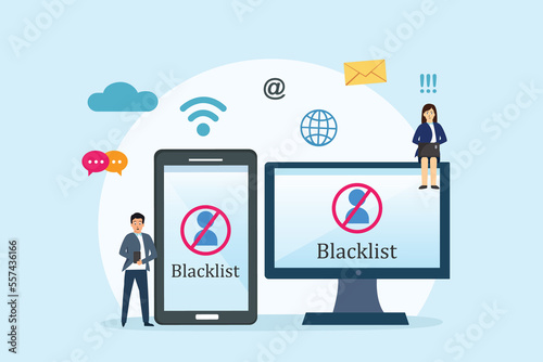 Blacklist vector concept. Two people sign in on the account with blacklist symbol