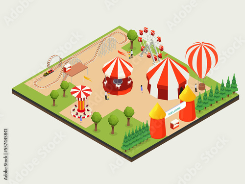 Amusement park vector concept. People enjoying leisure time together at weekend while visiting in the amusement park