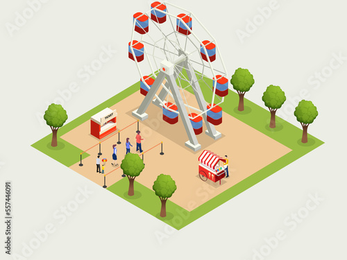 Amusement park vector concept. Happy people waiting in line for a Ferris wheel ride in the amusement park