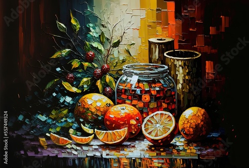 oil painting style still life illustration of oranges fruit and cherry branch, idea for wallpaper and background in summer time