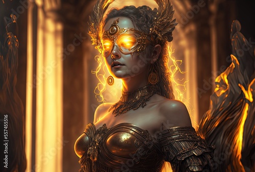  illustration of beautiful goddess with glowing light in gold golden tone color, ancient altar