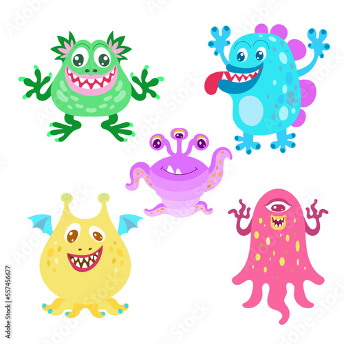 Set of funny cartoon monsters. Children's theme. For the design of prints, posters, stickers, cards and so on. Vector illustration.