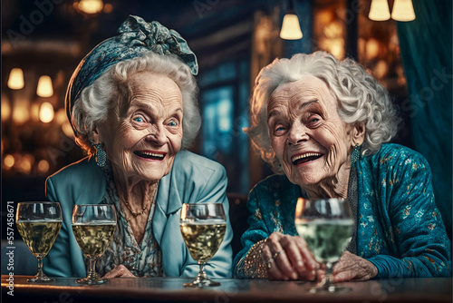 Two little old ladies drinking at a bar and laughing together having fun. Generative AI.