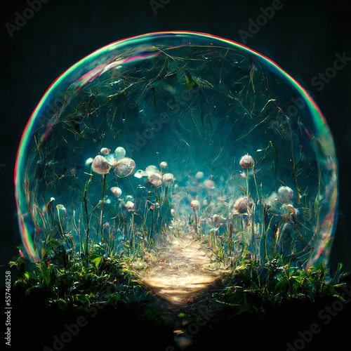 A path leading to heaven through the middle of a meadow of blooming flowers surrounded by a glass bubble. Dreamland. The world after death or during a psychedelic journey. Generative AI illustrations