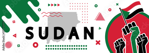 Happy independence day of Sudan. Geometric art banner for the republic of Sudan in shapes and figures flag color theme. Sudanese people Celebration and Public holiday.