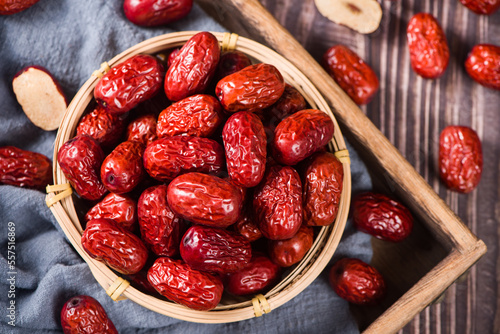 jujube,dried red dates on wooden table. 