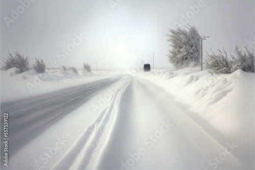 bus pulled over in blizzard snowy country rural highway road whiteout conditions illustration 