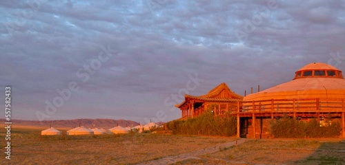 Sunrise on Mongolian traditional gers lodge in Gobi Desert, Mongolia 