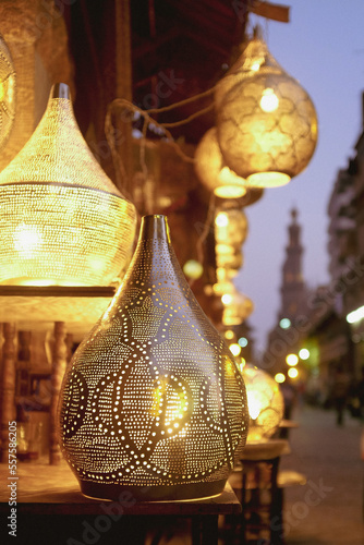 Cairo at night - .Brass lanterns in the historical Khan El-Khalili Souq marketplace are one of the tourist magnets in Capital City Cairo, Egypt. 