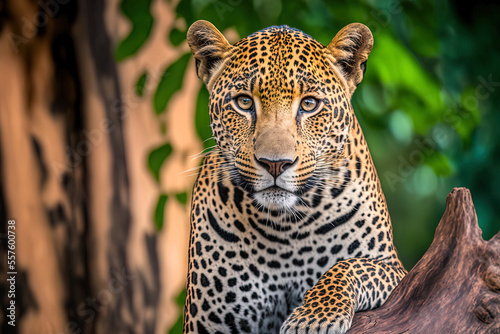 a savage jaguar perched on a tree. Generative AI