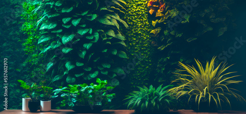  potted plants near a green wall with tropical plants leaves and climbing plants, spot lighting with artificial lighting, generative ai floral illustration
