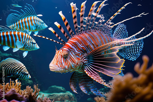 Fish, lionfish, zebra, and volitan pterois. Generative AI