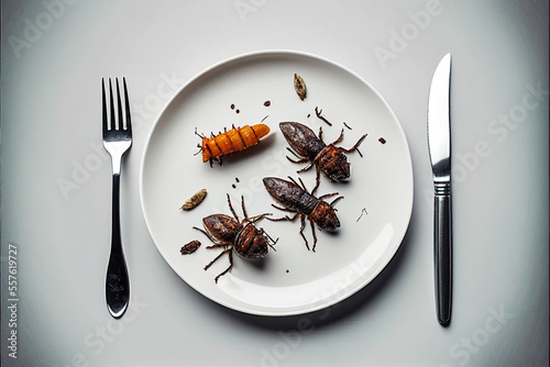 Created with Generative AI technologyTop view, eating a cockroach. Cockroach in a white plate with knife and fork.