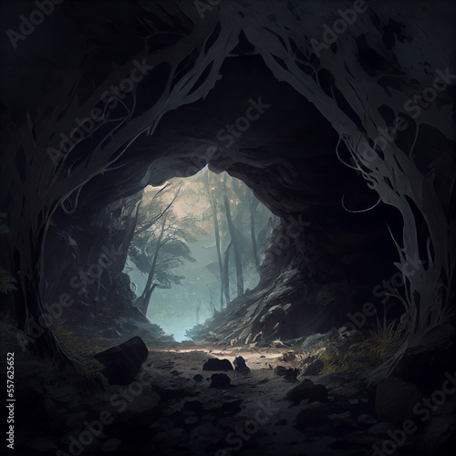 deep dark cave in a green forest, tunel in jungle generative ai