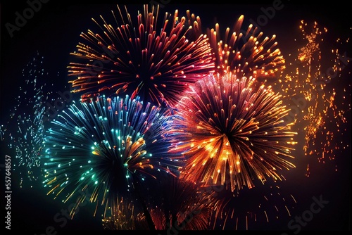 fireworks - patriotic firecrackers in the sky with brilliant and colorful explosions. Boombastic night sky created by Generative AI