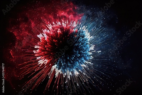 Red, White, Blue fireworks - patriotic firecrackers in the sky with brilliant and colorful explosions. Boombastic night sky created by Generative AI