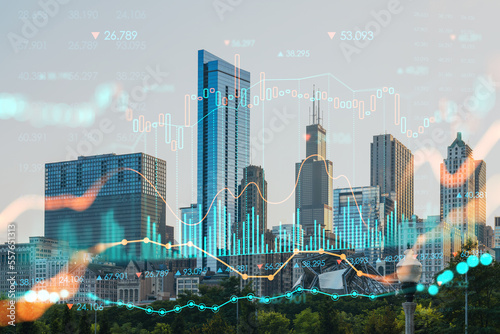 Chicago skyline, Butler Field towards financial district skyscrapers, day time, Illinois, USA. Parks and gardens. Forex graph hologram. The concept of internet trading, brokerage, fundamental analysis