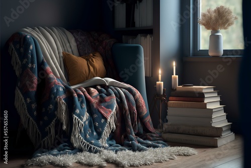 cosy reading nook with a soft, furry rug and a warm throw blanket, evoking feelings of relaxation and enjoyment (AI Generated)